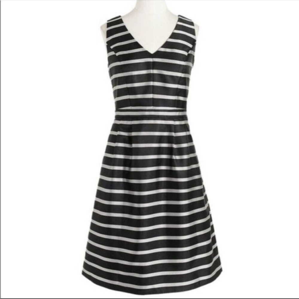 J. Crew  Metallic Jacquard Stripe Sleeveless Dress Pockets Black & Silver- 10
